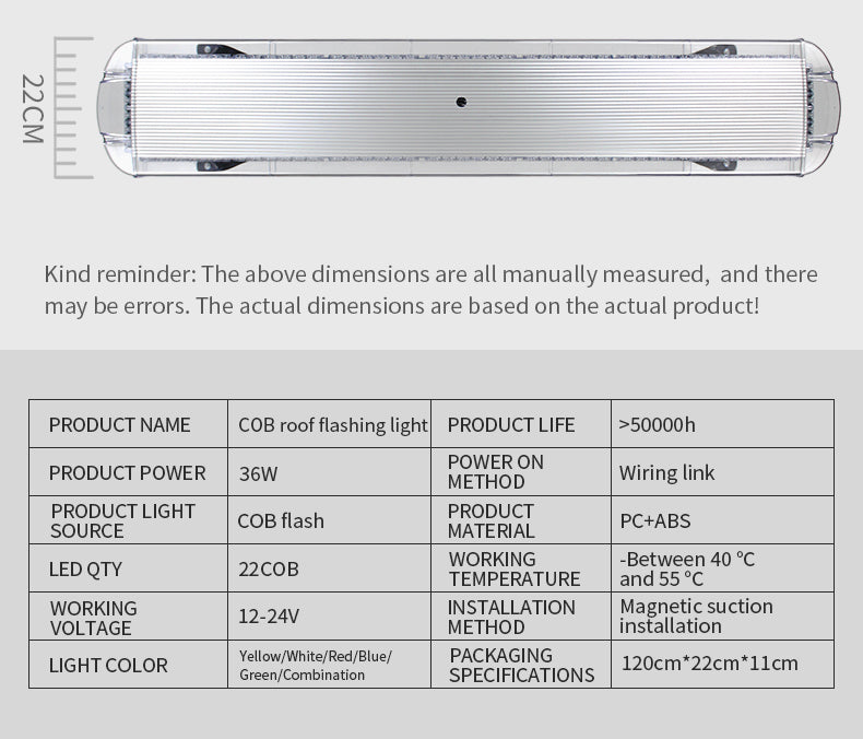 22 COB 36W Flashing LED Strobe Light Bar Full Size 12-24V Warning Lamp for Emergency Vehicles Car Accessory