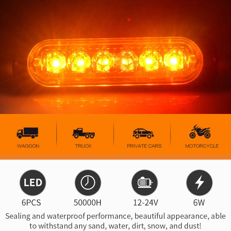 Ultra-thin Red Amber 6 LED Car Truck Emergency Beacon Lights Signal Hazard Flash Strobe Bar Side Marker Warning Light for Pickup