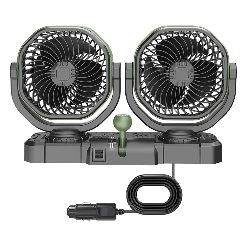 GPRGIT F6604 Portable Adjustable Dual Head Car Fans, Rotatable Oscillating Double Heads Fan, 12V 24V, ABS+PP