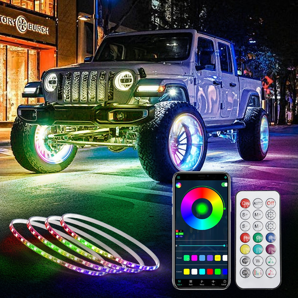 15 17 19 Inch RGB Chasing Car LED Tyre Lamp APP Remote Control 12V IP67 Magic Wheel Hub Light for Universal Car