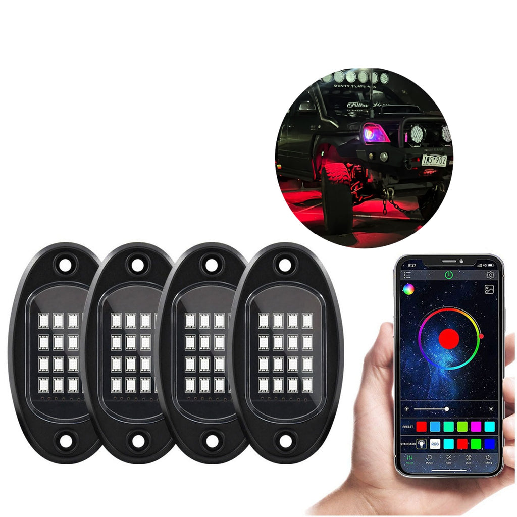 8 in 1 RGB Chasing LED Rock Light APP BT Music Control IP67 Waterproof Car Chassis Ambient Light for Offroad ATV UTV SUV RZR