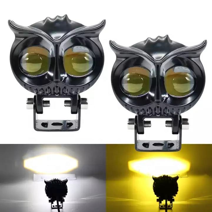 Dual Color LED Motorcycle Headlight Factory Owl Design Fog Light Bulb with Auxiliary Spot Work Lamp Projector Lens for Driving