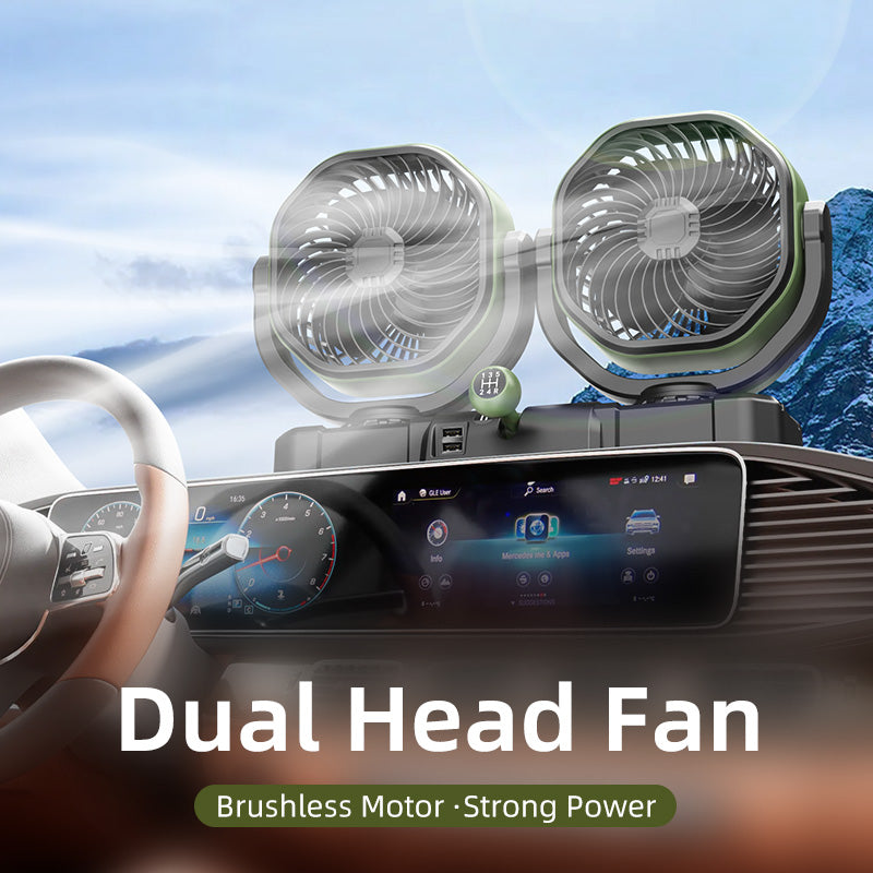 GPRGIT F6604 Portable Adjustable Dual Head Car Fans, Rotatable Oscillating Double Heads Fan, 12V 24V, ABS+PP