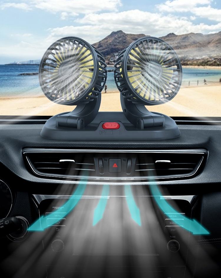 GPRGIT Foldable Dual-Head Mini Car Fan 12V/24V/5V USB 360° Rotate