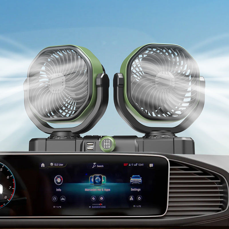 GPRGIT F6604 Portable Adjustable Dual Head Car Fans, Rotatable Oscillating Double Heads Fan, 12V 24V, ABS+PP