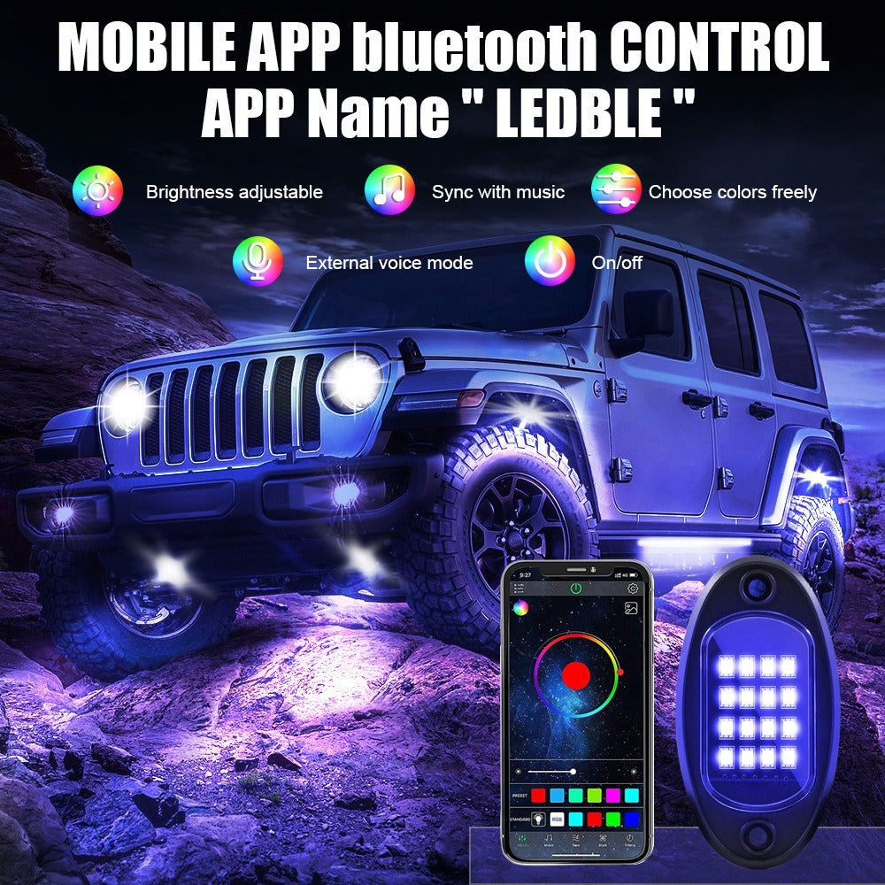8 in 1 RGB Chasing LED Rock Light APP BT Music Control IP67 Waterproof Car Chassis Ambient Light for Offroad ATV UTV SUV RZR