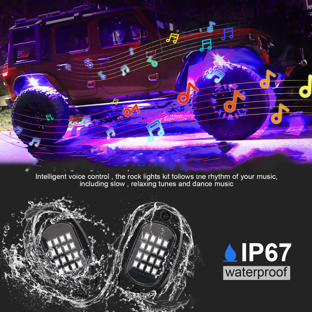 8 in 1 RGB Chasing LED Rock Light APP BT Music Control IP67 Waterproof Car Chassis Ambient Light for Offroad ATV UTV SUV RZR