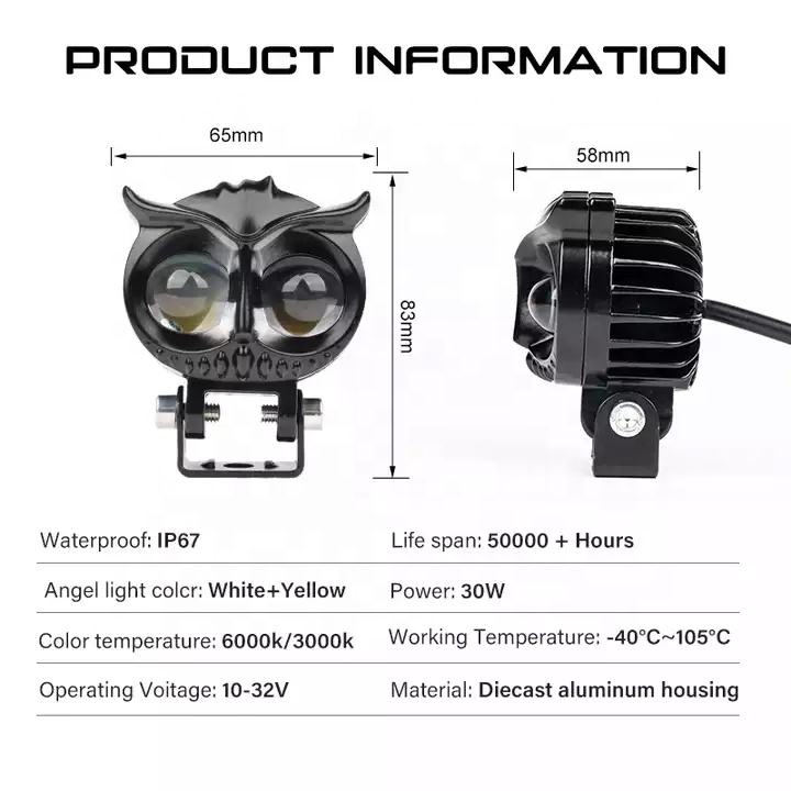 Dual Color LED Motorcycle Headlight Factory Owl Design Fog Light Bulb with Auxiliary Spot Work Lamp Projector Lens for Driving