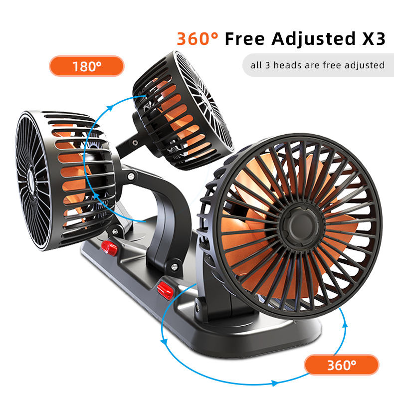 GPRGIT F4310 Triple-Head Car Fan 12V/24V/5V USB 15W 4-Inch