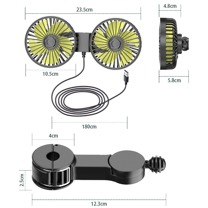 GPRGIT Dual-Head Rear Seat Car Fan USB 10W 4-Inch 3-Speed
