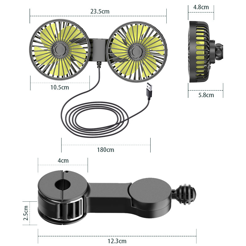 GPRGIT Dual Heads Car Fans for Rear Seat, USB 5V 10W, ABS, 4-Inch Blades, Three Speed