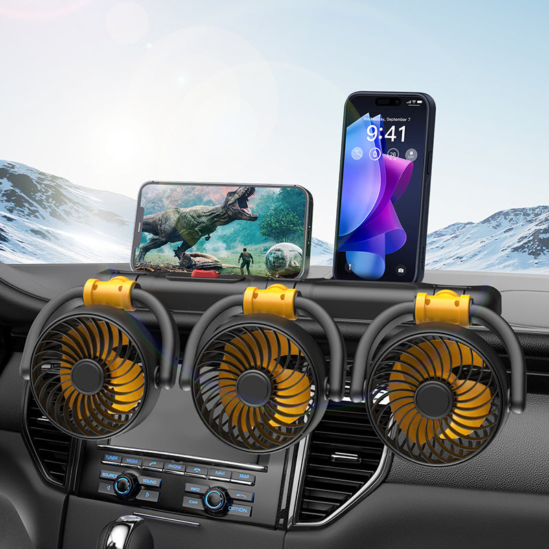 GPRGIT F4505 Triple Head 5V USB Car Fan 12V/24V 360° Rotatable for Truck SUV Sedan