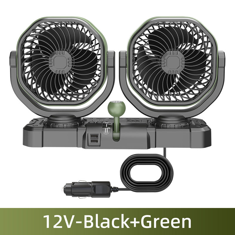 GPRGIT F6604 Portable Adjustable Dual Head Car Fans, Rotatable Oscillating Double Heads Fan, 12V 24V, ABS+PP