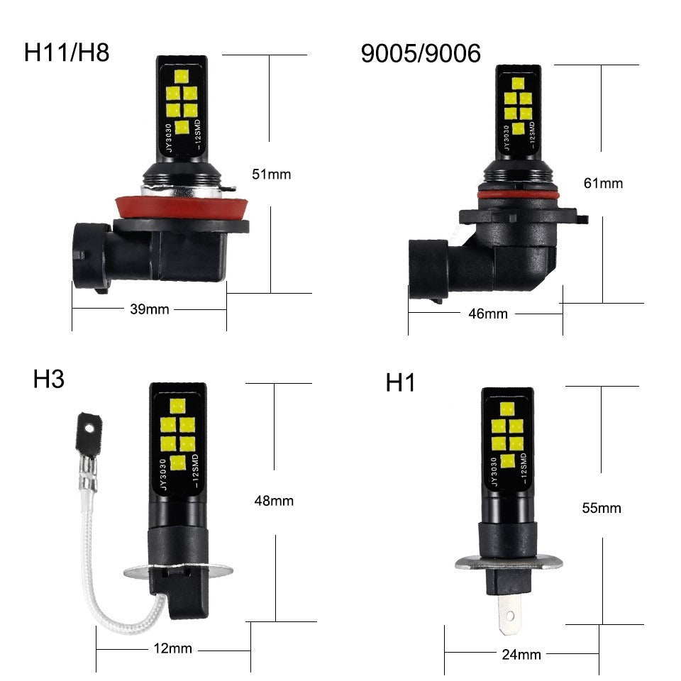 12SMD LED Fog Light Bulbs H8 H11 H3 H7 9005 HB3 9006 HB4, 600LM 6000K