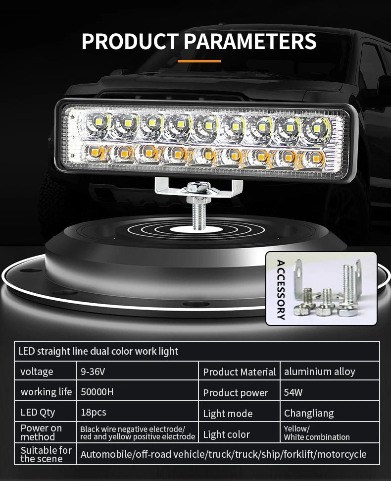 6 Inch Dual Color 54W LED Work Light Bar Flush Mount Driving Fog Lamp Spot Beam Spotlight Work Light 12V 24V for Car Off Road