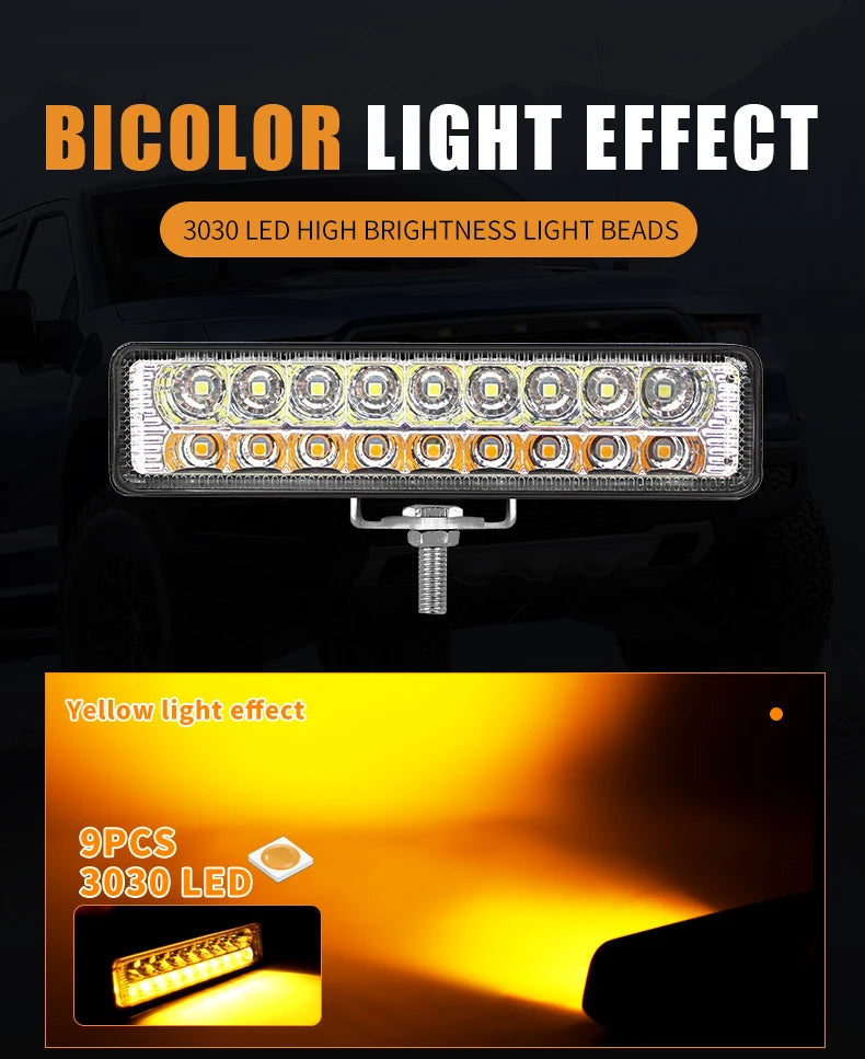 6 Inch Dual Color 54W LED Work Light Bar Flush Mount Driving Fog Lamp Spot Beam Spotlight Work Light 12V 24V for Car Off Road