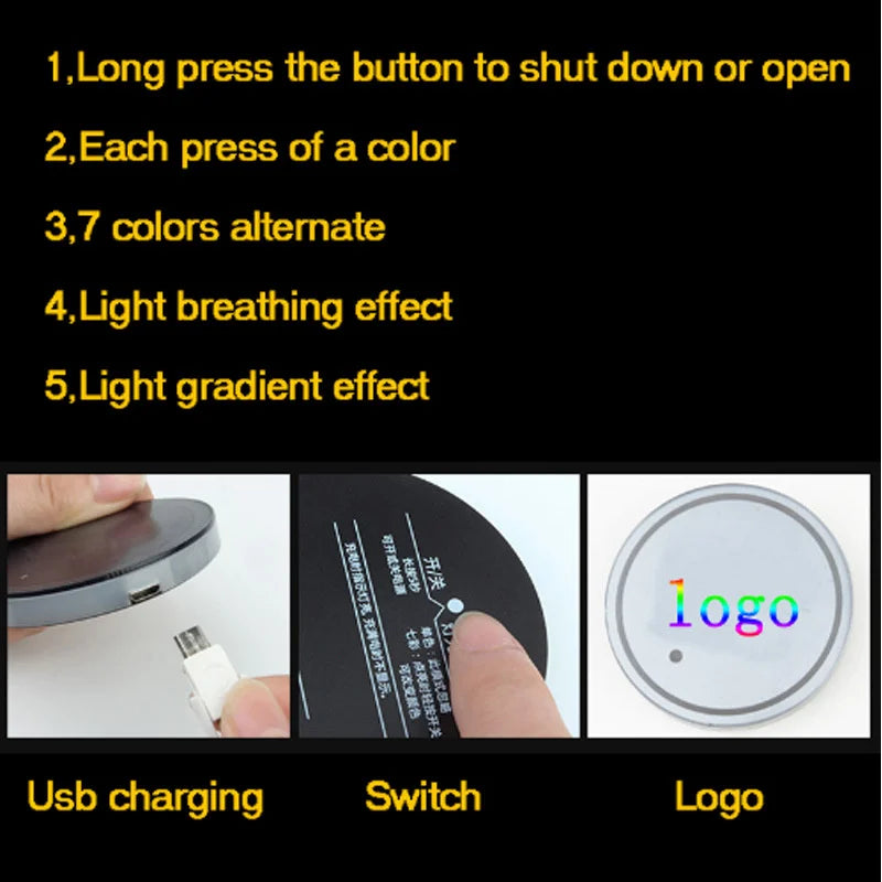 GPRGIT Welcome Light LED Light Mats Bottle Light Sensor Atmosphere Interior Accessories Universal Fit 7 Colors Car Coasters Cup