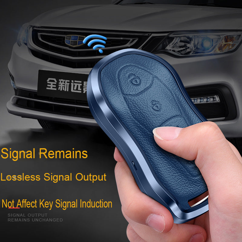 GPRGIT Aluminum Alloy+Leather Car Key Cover Case for Geely Tugella Xingyue Boyue Pro Atlas Pro