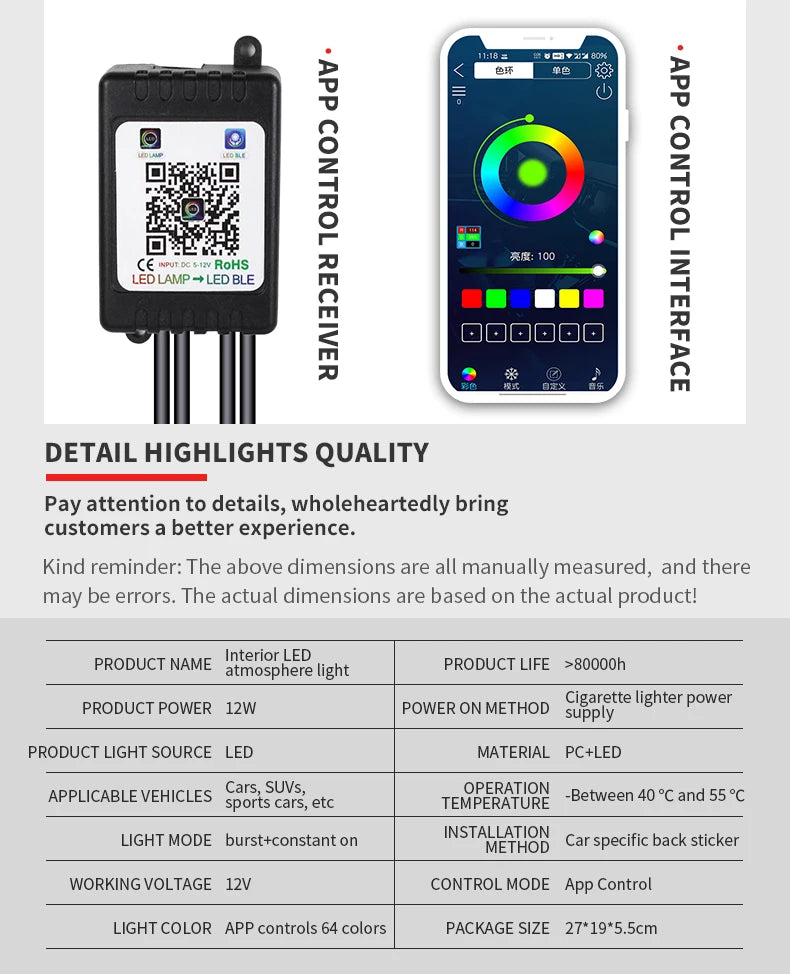 GPRGIT Car Exterior Decorative RGB Strip Light Atmosphere Lamp - Chassis Lights - 12-24V, 12W, SMD LED, APP Control, Aluminum Cover