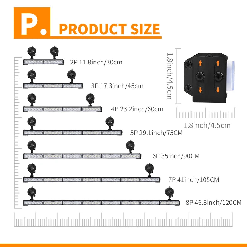 LED High Beam Strip 17in 3P 44cm Car Roof Warning Light Grille Strobe DRL Lane Emergency Suction Cup Light
