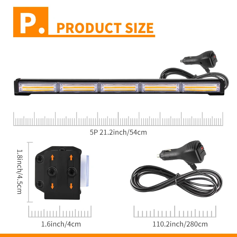 21inch Vehicle LED Strobe Light Emergency Flashing Lamp COB Warning Light Bar for Roof Dash Windshield Grille Deck 9-30V
