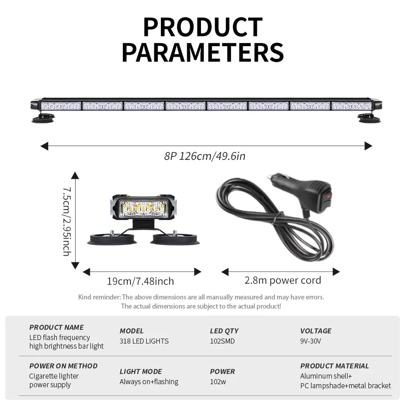 Automotive 78w 4-side Led Rooftop Strobe Warning Light Bar 126cm Emergency Lights With Magnetic Mount 12v-24v For Truck/pickup