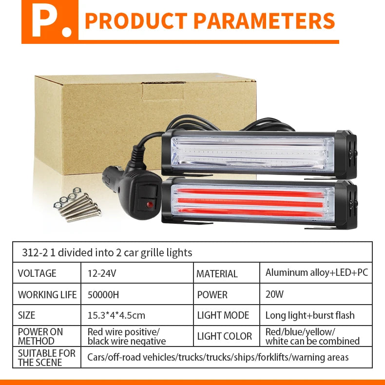 2X Cob LED Warning Light Front Grille Strobe Light Bar LED Emergency Flashing Warning Light Bar for Car Truck Offroad