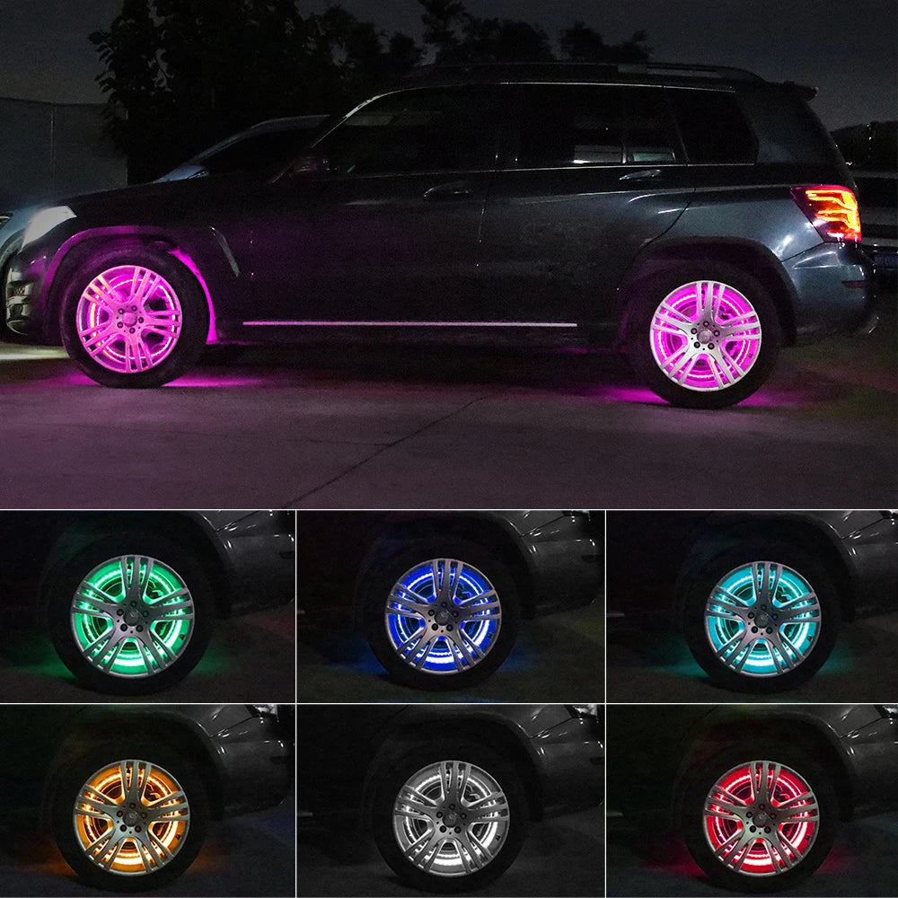 GPRGIT 15inch RGBW LED Wheel Ring Lights Kit - Offroad Truck Car - 12V, 3W, 7 Colors, APP/Remote Control, Wheel Mount