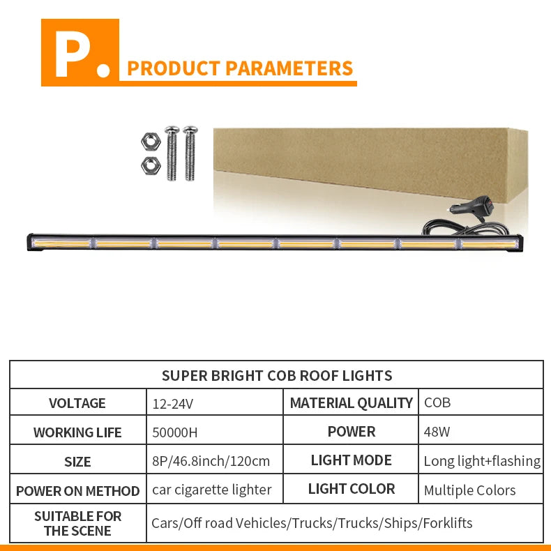 47 Inch Automotive Led Strobe Light Bars Flashing Traffic Emergency Warning Light COB Working Lights for Heavy Duty Vehicles