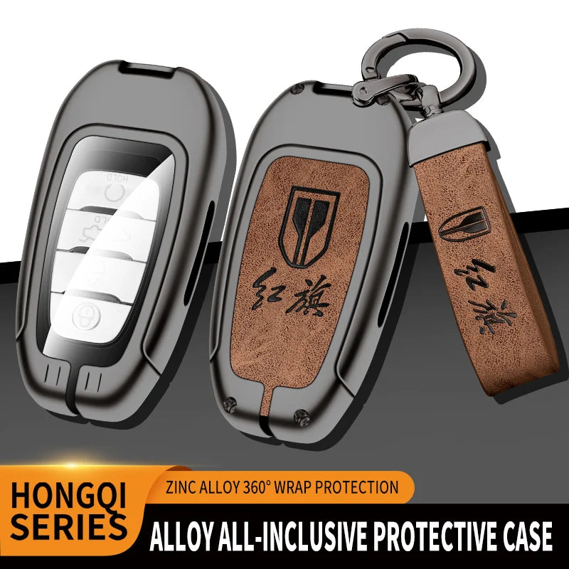GPRGIT Leather Zinc Alloy Car Key Fob Cover Case Holder Keychain for FAW Hongqi H5 E-HS9 H9 2020 2021 Remote Keyless Accessories