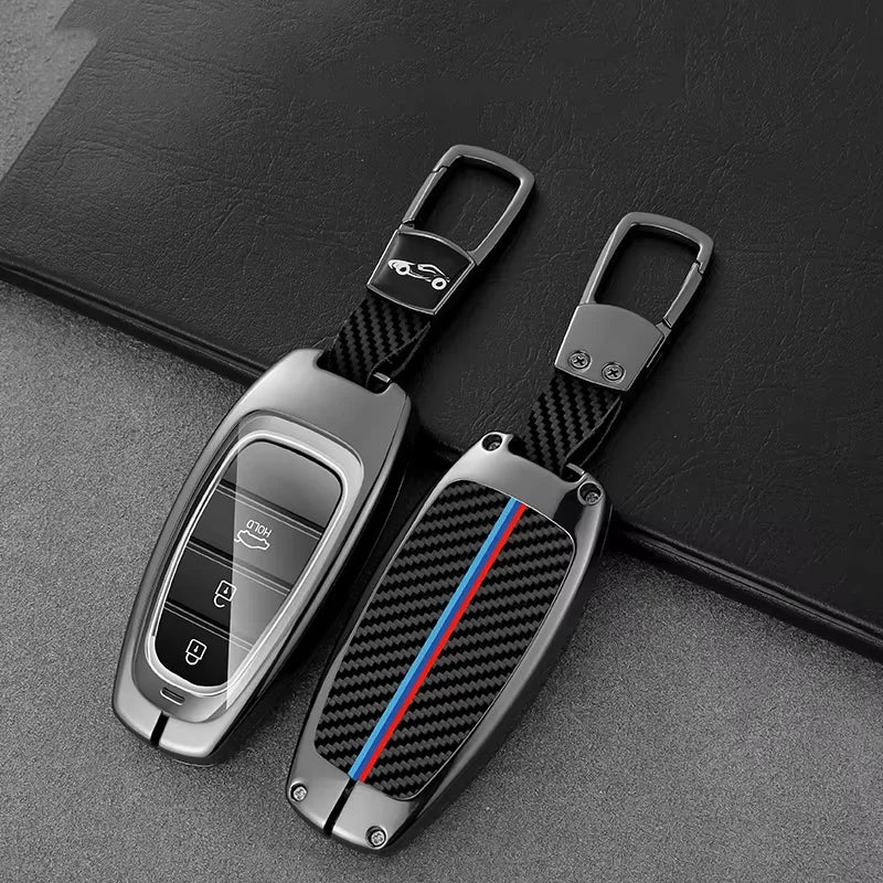 GPRGIT Carbon Fiber Zinc Alloy Leather Car Logo Key Case for Hyundai Tucson Solaris Sonata Hybrid NEXO NX4 Santafe DN8 2020 2021 2022