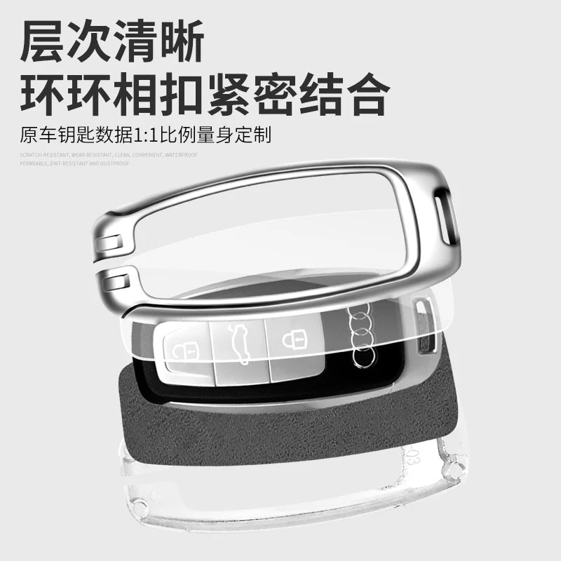 GPRGIT Metal Leather Car Key Case Cover for Audi A3 A4 A6 A7 A8 4K B9 E-tron Q5 Q8 C8 D5 SQ8 Keyless Protector Shell