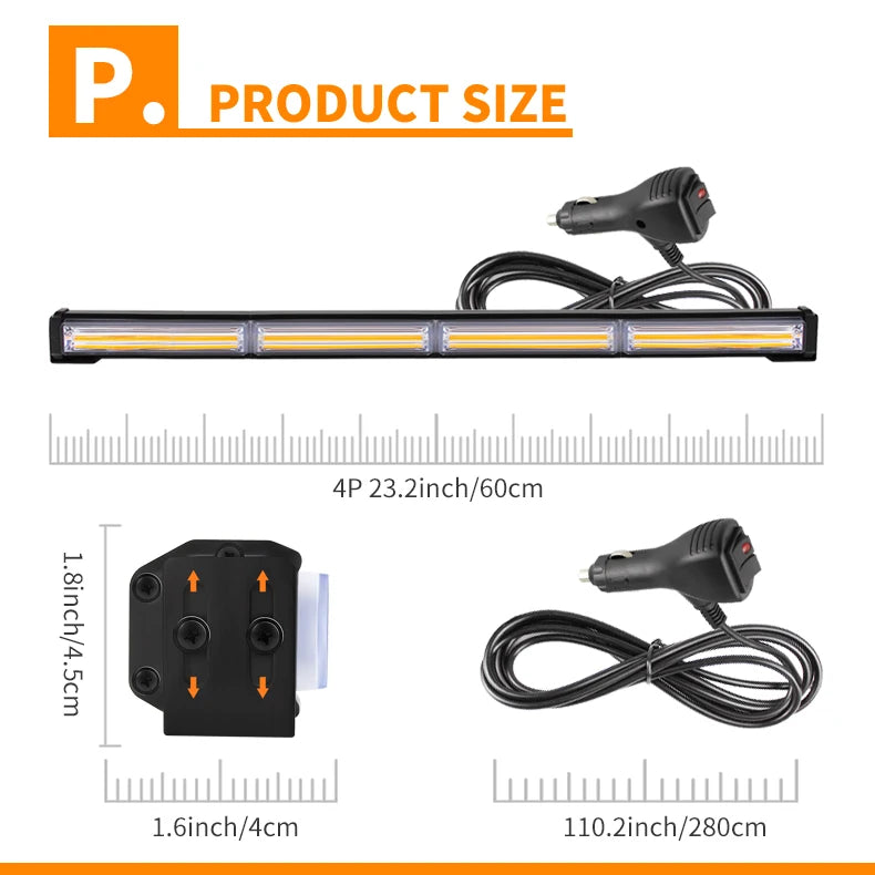 23 Inch Vehicle LED Warning Light Bar Safety Caution Emergency White Amber Strobe Light Bars for Trucks ATV Tow Tractor 12V 24V