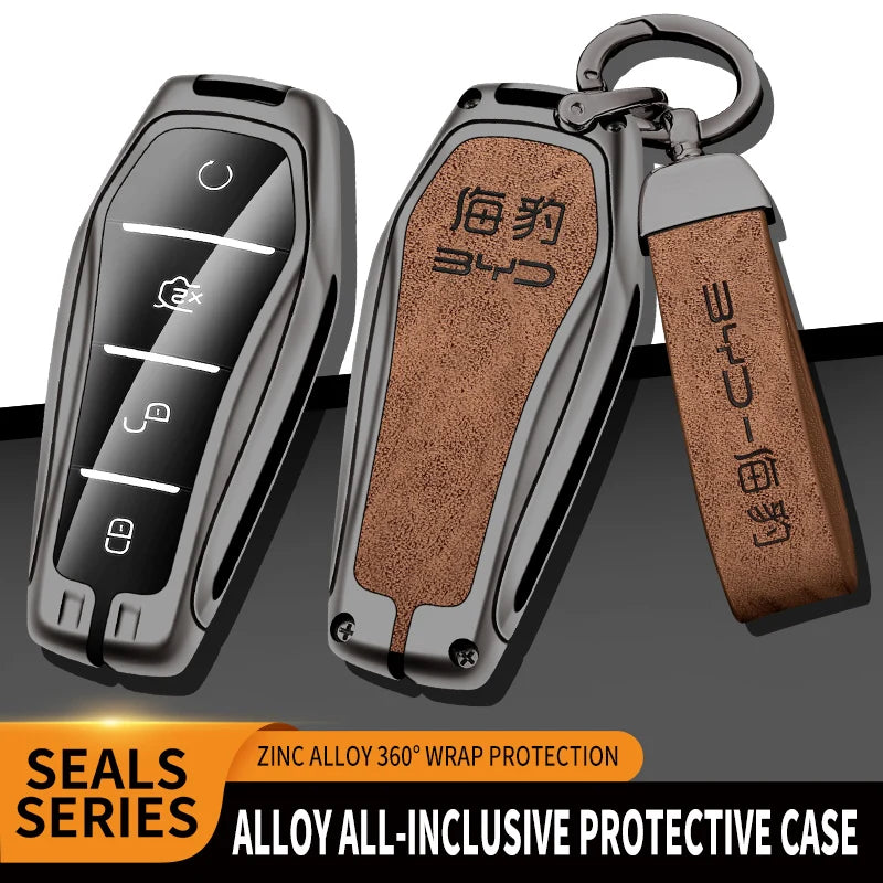 GPRGIT Zinc Alloy Leather Car Key Case Cover for BYD Atto 3 Han EV Dolphin 4 Buttons Remote Keychain Accessories