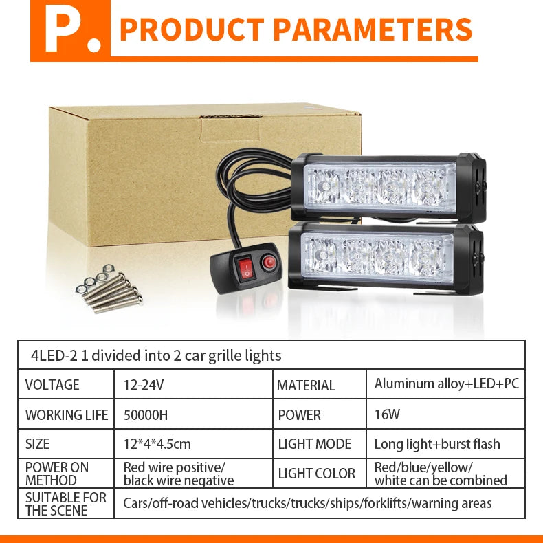2 in 1 Auto Mini 4LED Strobe Lights Bar Grill Warning Lightbar Car Truck Emergency Flasher Flashlight Car Accessories 12v