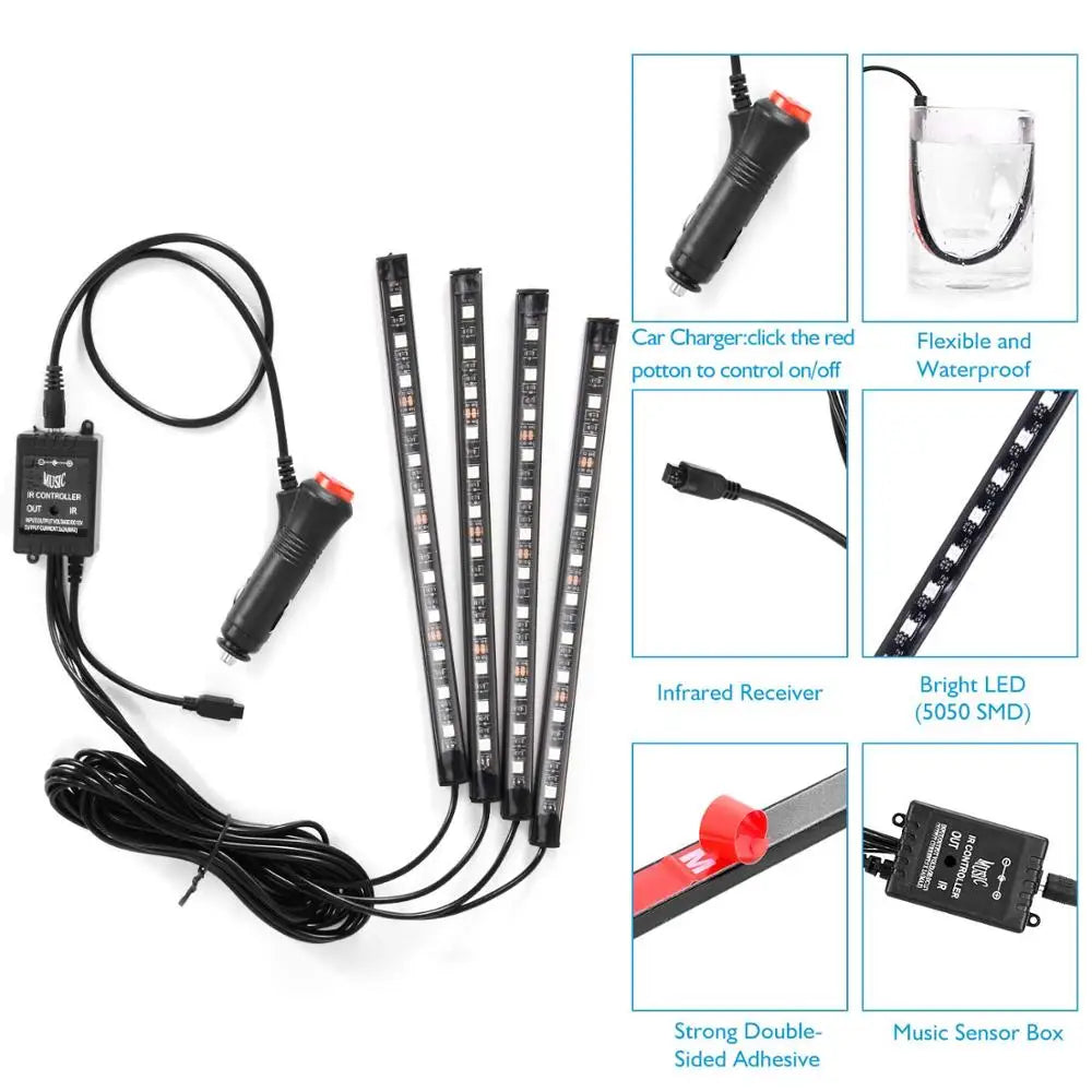 GPRGIT 48 LED Car Foot Light Atmosphere Ambient Lamp Remote/Voice/APP Control 12V