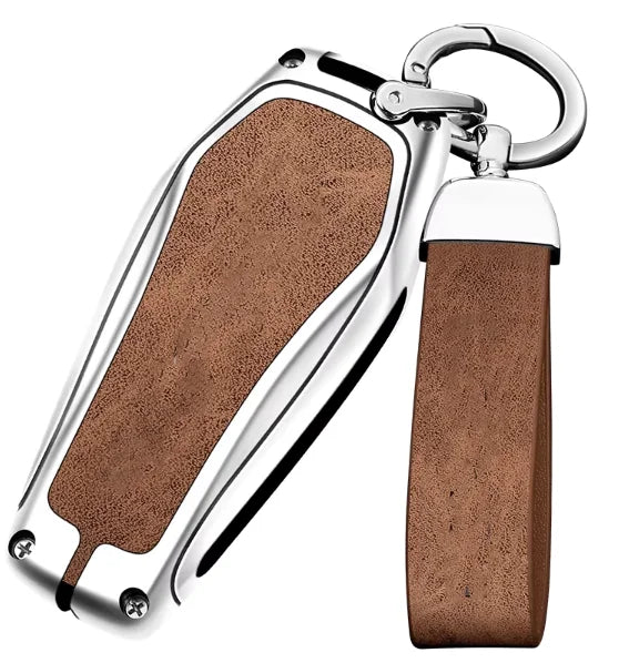 GPRGIT Leather Car Key Cover for BYD Atto 3 Han EV Dolphin Byd Song Plus EV 4 Buttons Remote Metal Accessories Keyless Holder