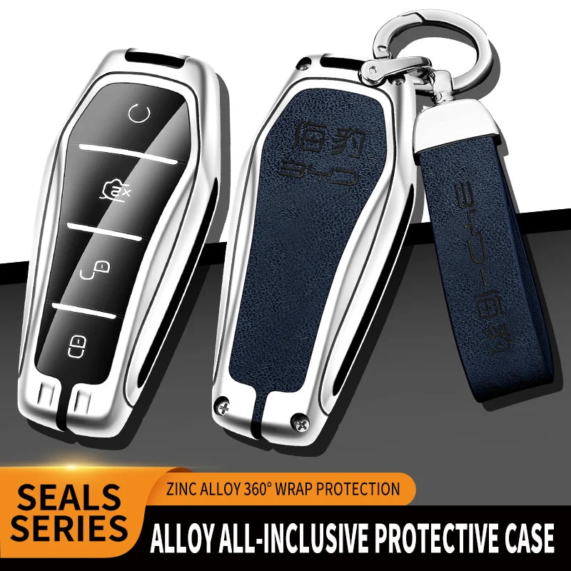GPRGIT Zinc Alloy Leather Car Key Case Cover for BYD Atto 3 Han EV Dolphin 4 Buttons Remote Keychain Accessories