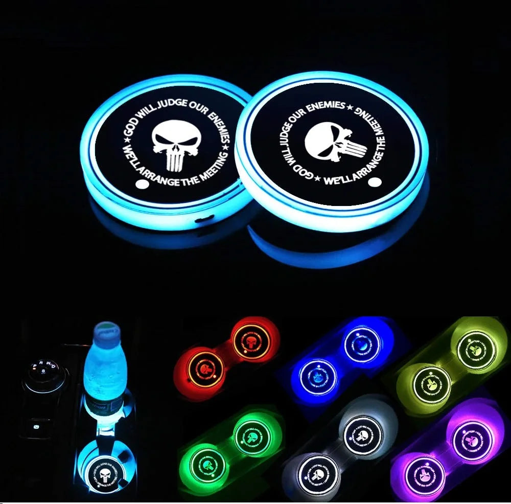 GPRGIT Car LED Cup Lights Personalized Custom Auto Brand Logo RGB 7 Colors Lights Anti - Skid Pad USB Charging Atmosphere Coasters