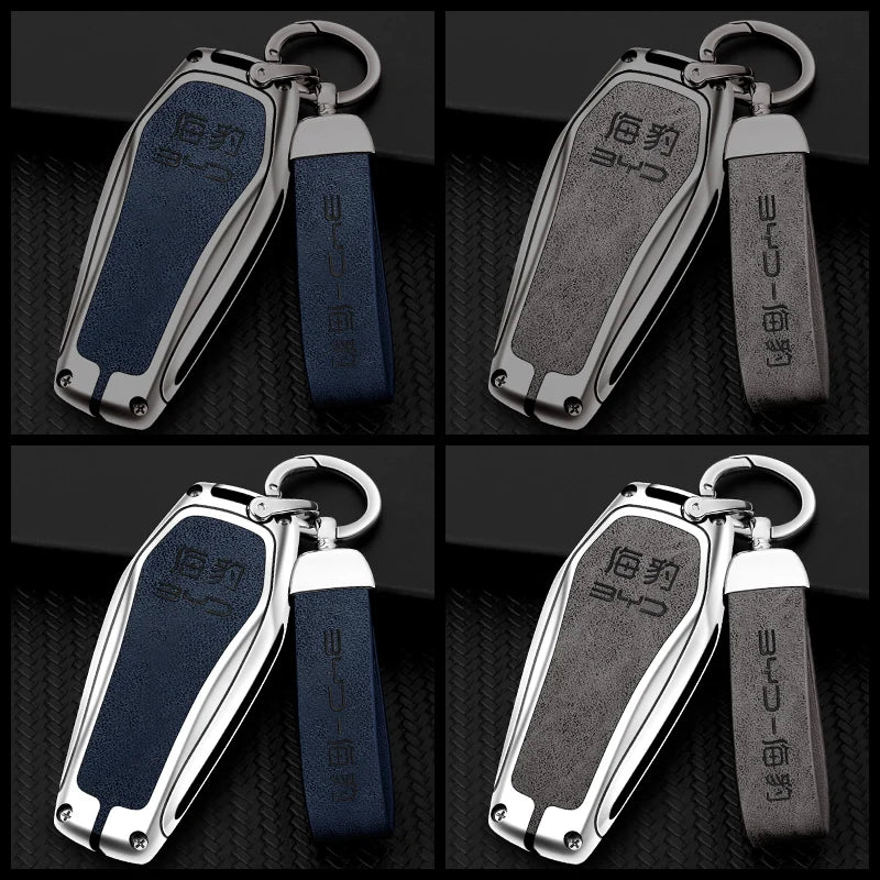 GPRGIT Zinc Alloy Leather Car Key Case Cover for BYD Atto 3 Han EV Dolphin 4 Buttons Remote Keychain Accessories