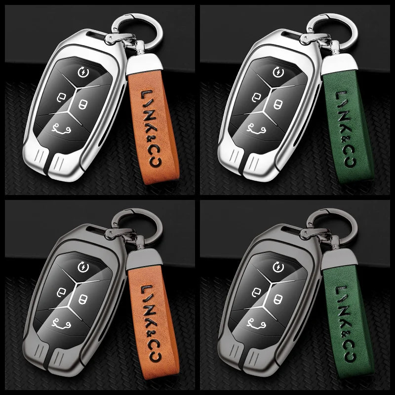 GPRGIT Zinc Alloy Leather Key Case Cover Shell for LYNK&CO 01 PHEV 02 03 05 2017 2018 4 Buttons Key Protector Fob Auto Accessories