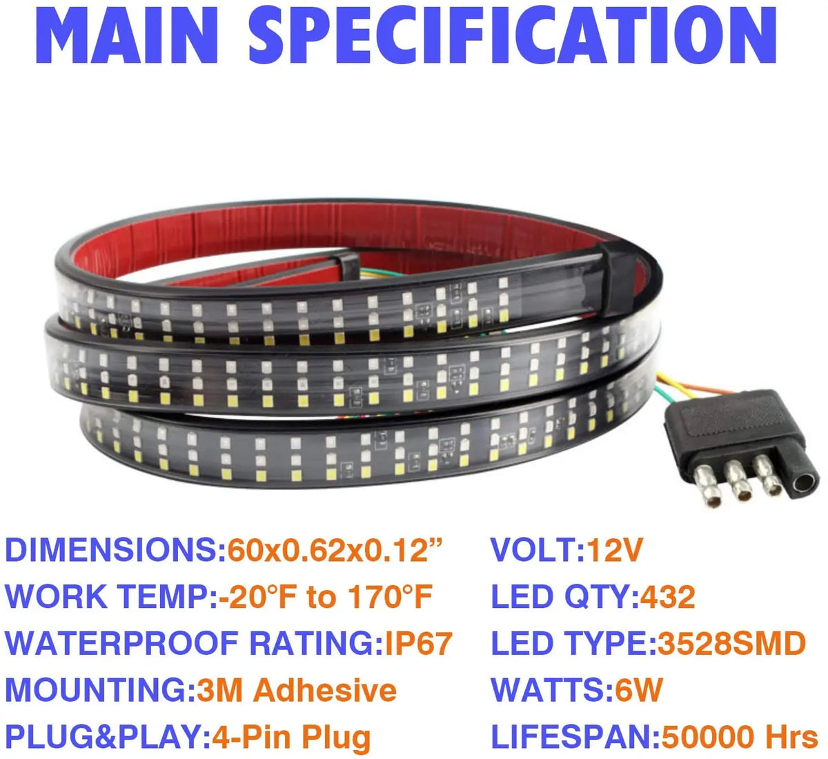 GPRGIT 48" 60" Truck Tailgate LED Strip Light Bar Triple Row 5 Function Reverse Brake Turn Signal Waterproof Universal for Pickup 12V
