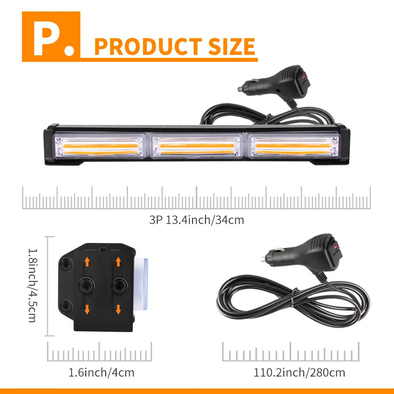 13 Inches Vehicle Warning LED Strobe Light Bar Traffic Emergency Flashing COB Light Bars Waterproof Hazard Flashlight for Trucks