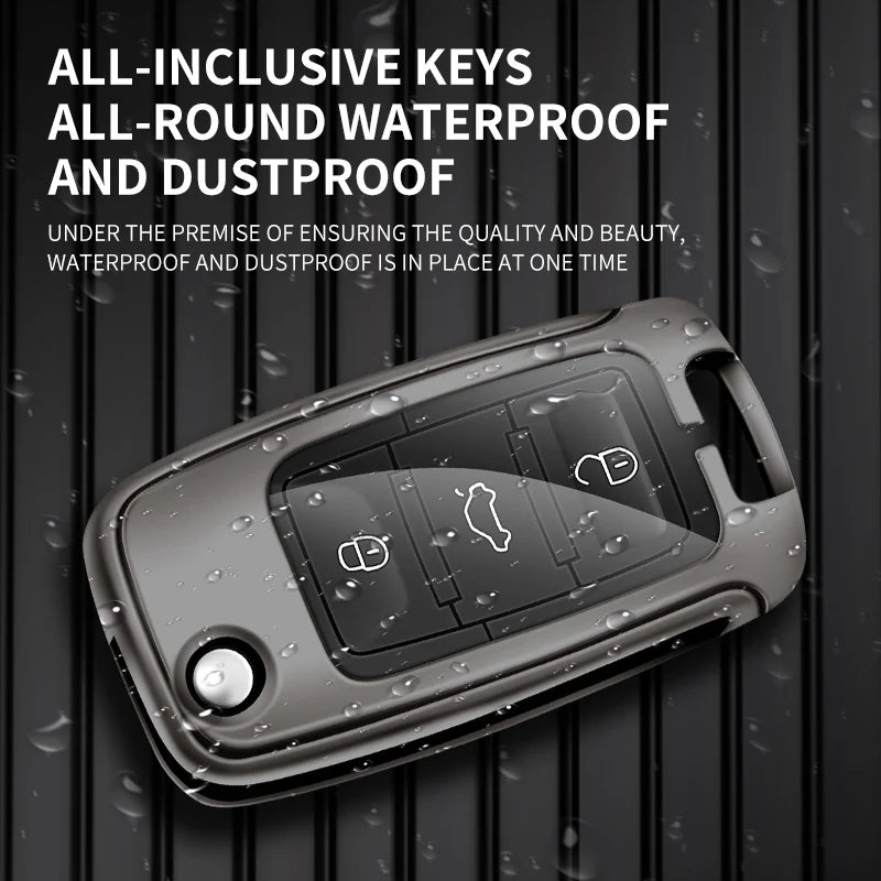 GPRGIT Metal Leather Car Flip Key Fob Case Cover for VW Golf Bora Jetta Scirocco Tiguan Polo Skoda Octavia Superb Keyless
