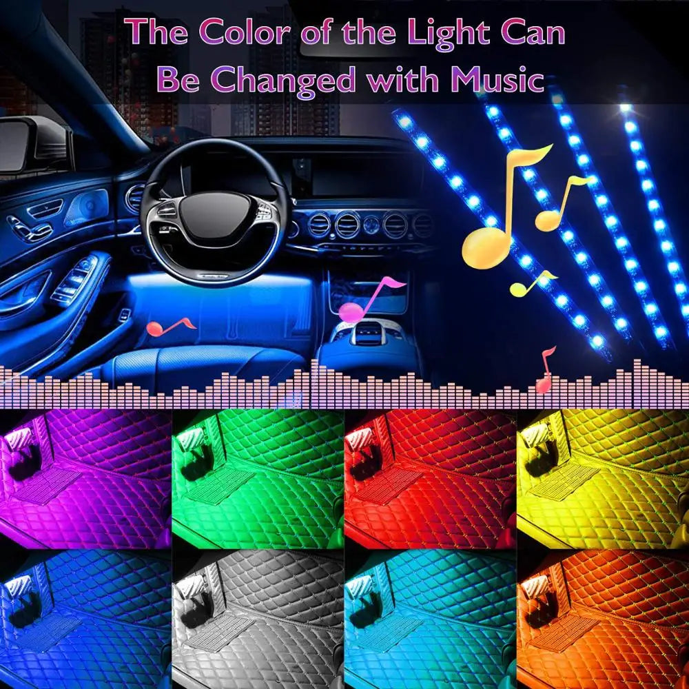 GPRGIT Car Foot Ambient Light 72 LED Seven Color RGB Remote Voice Control Music Strip
