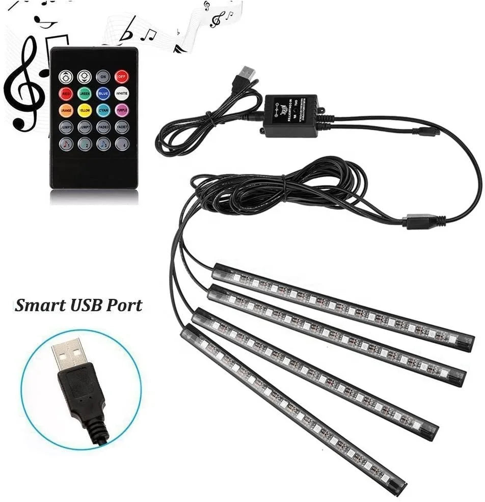 GPRGIT Car Foot Atmosphere Neon LED Light RGB 12 LED APP Remote Voice Control 5V USB