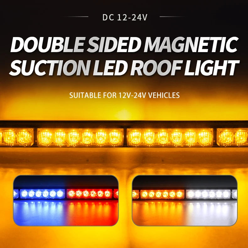 11.8inch LED Strobe Warning Light Bar Double Row Car Truck Roof Grid Strobe DRL Flashing Emergency Light Bars with Magnetic Base