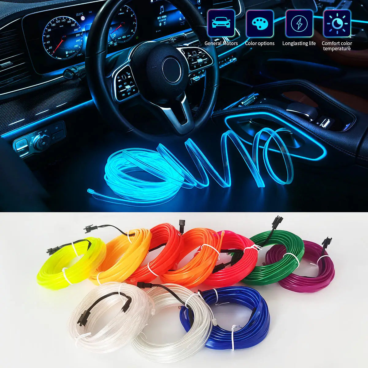 GPRGIT 12V 3M USB EL Wire Universal Car Interior Flexible Light