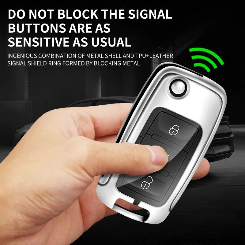 GPRGIT Metal Leather Car Flip Key Fob Case Cover for VW Golf Bora Jetta Scirocco Tiguan Polo Skoda Octavia Superb Keyless