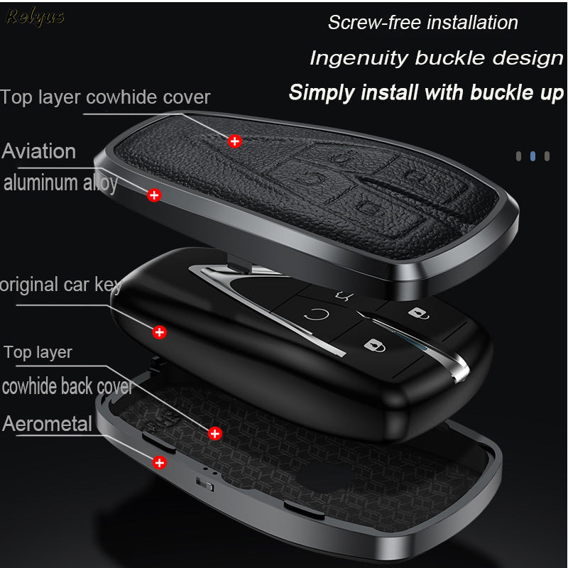 GPRGIT Aluminum Alloy+Leather Car Key Fob Case Cover for Changan CS35 PLUS CS55 PLUS CS75 PLUS Eado UNI-T UNI-K